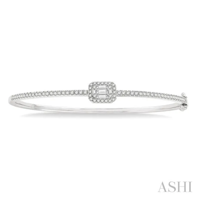 1 ctw Emerald Shape Fusion Baguette and Round Cut Diamond Stackable Bangle in 14K White Gold