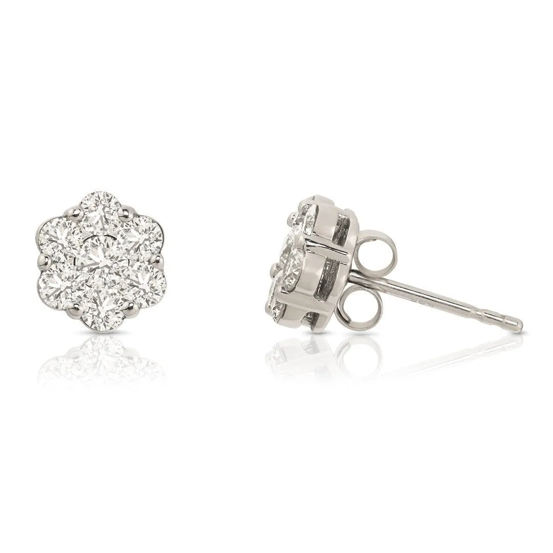 10k White Gold Diamond Stud Cluster Earrings 1 Ctw