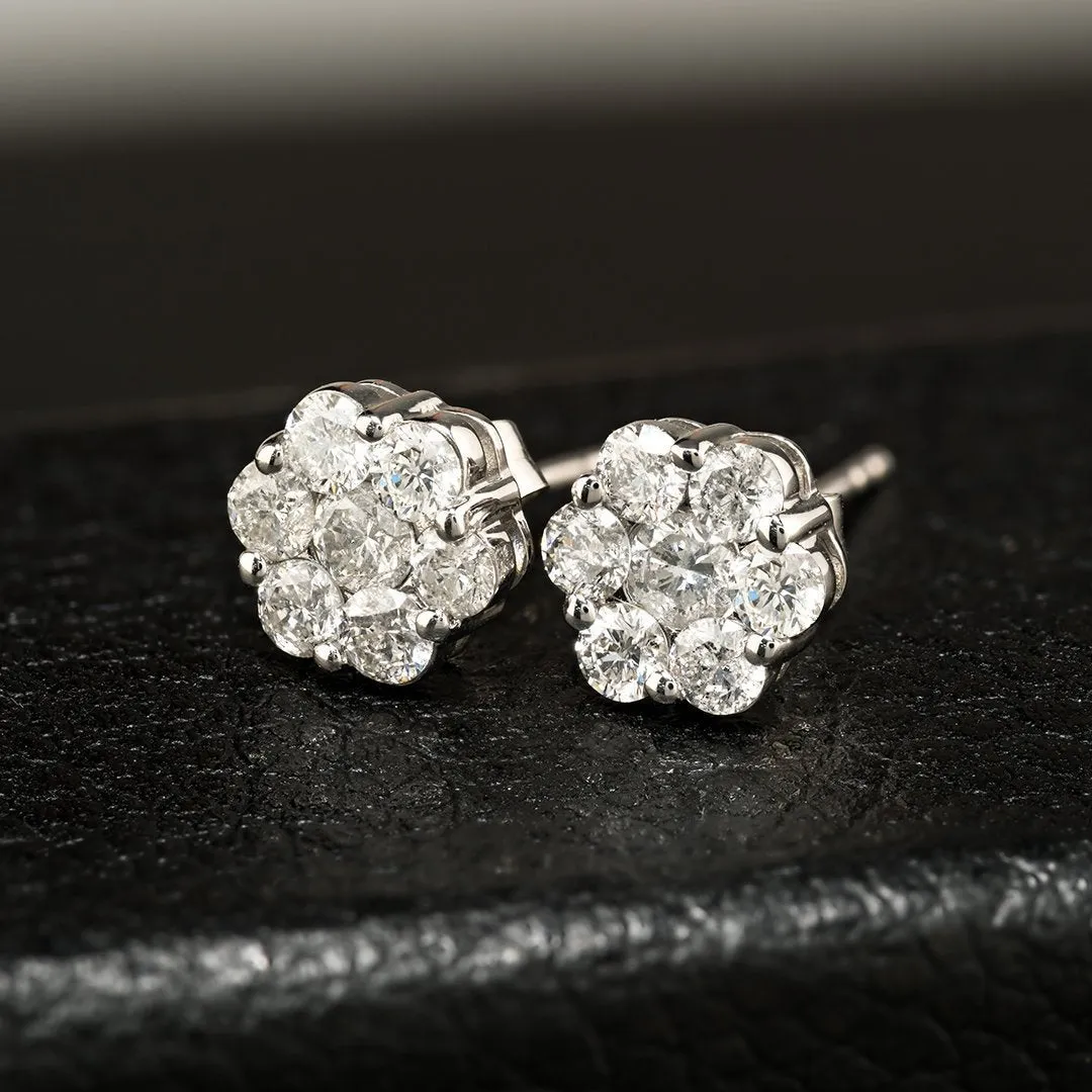 10k White Gold Diamond Stud Cluster Earrings 1 Ctw