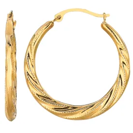 10k Yellow Gold Swirl Texture Round Hoop Earrings, Diameter 25mm