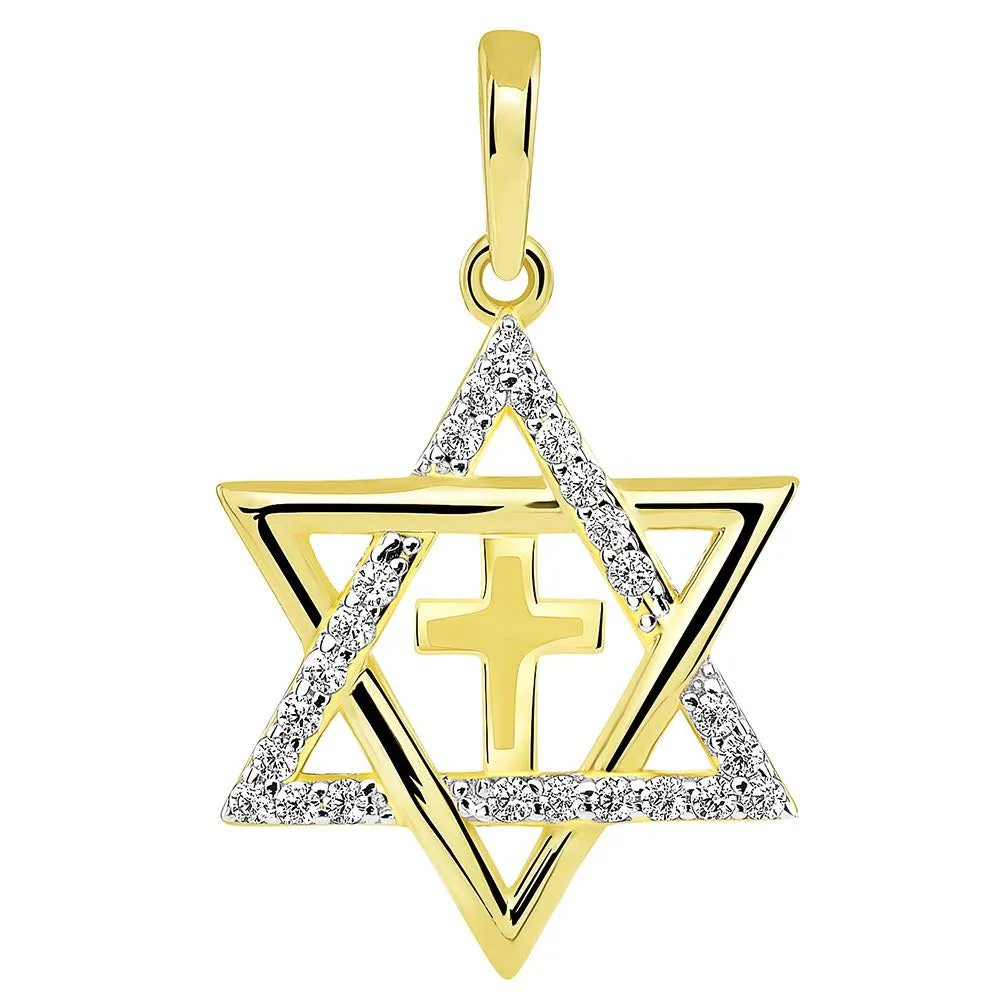 14k Gold CZ Star of David with Religious Cross Judeo Christian Pendant Cuban Necklace - Yellow Gold