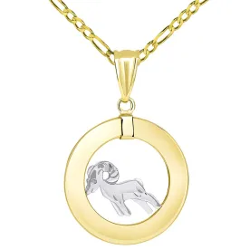 14k Gold Open Circle Aries Zodiac Sign Pendant Figaro Necklace - Two-Tone Gold