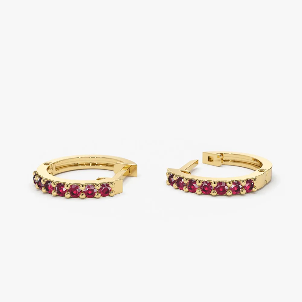 14K Gold Ruby Huggie Hoop Earrings