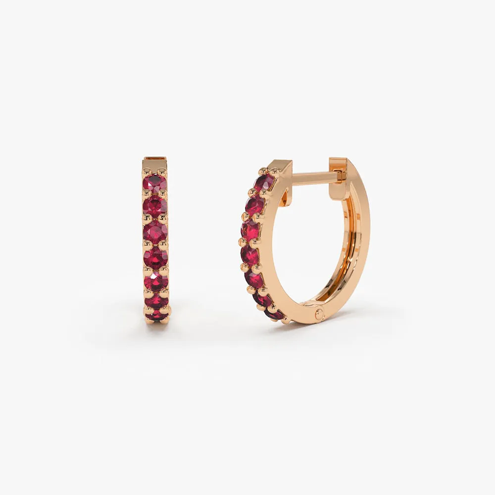 14K Gold Ruby Huggie Hoop Earrings