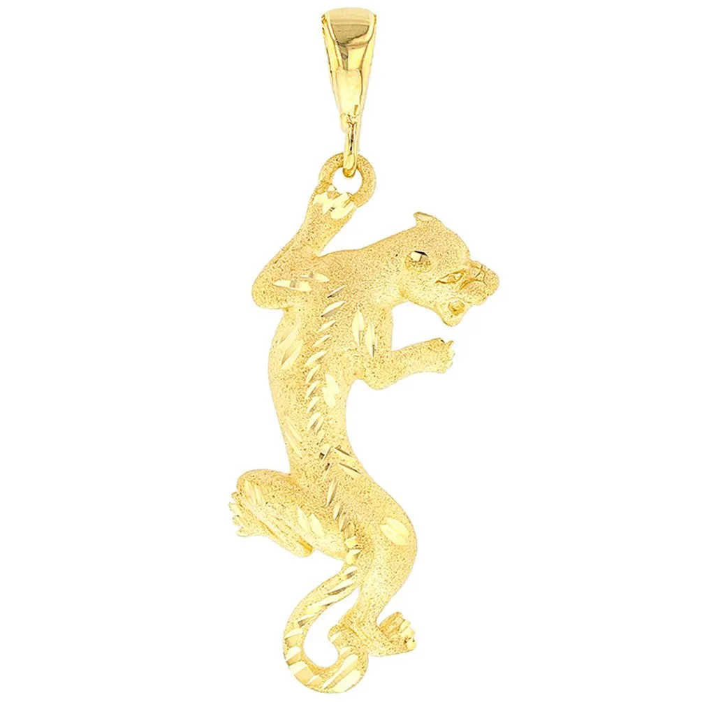 14K Gold Textured Vertical Panther Charm Animal Pendant with Figaro Chain Necklace - Yellow Gold