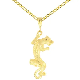 14K Gold Textured Vertical Panther Charm Animal Pendant with Figaro Chain Necklace - Yellow Gold