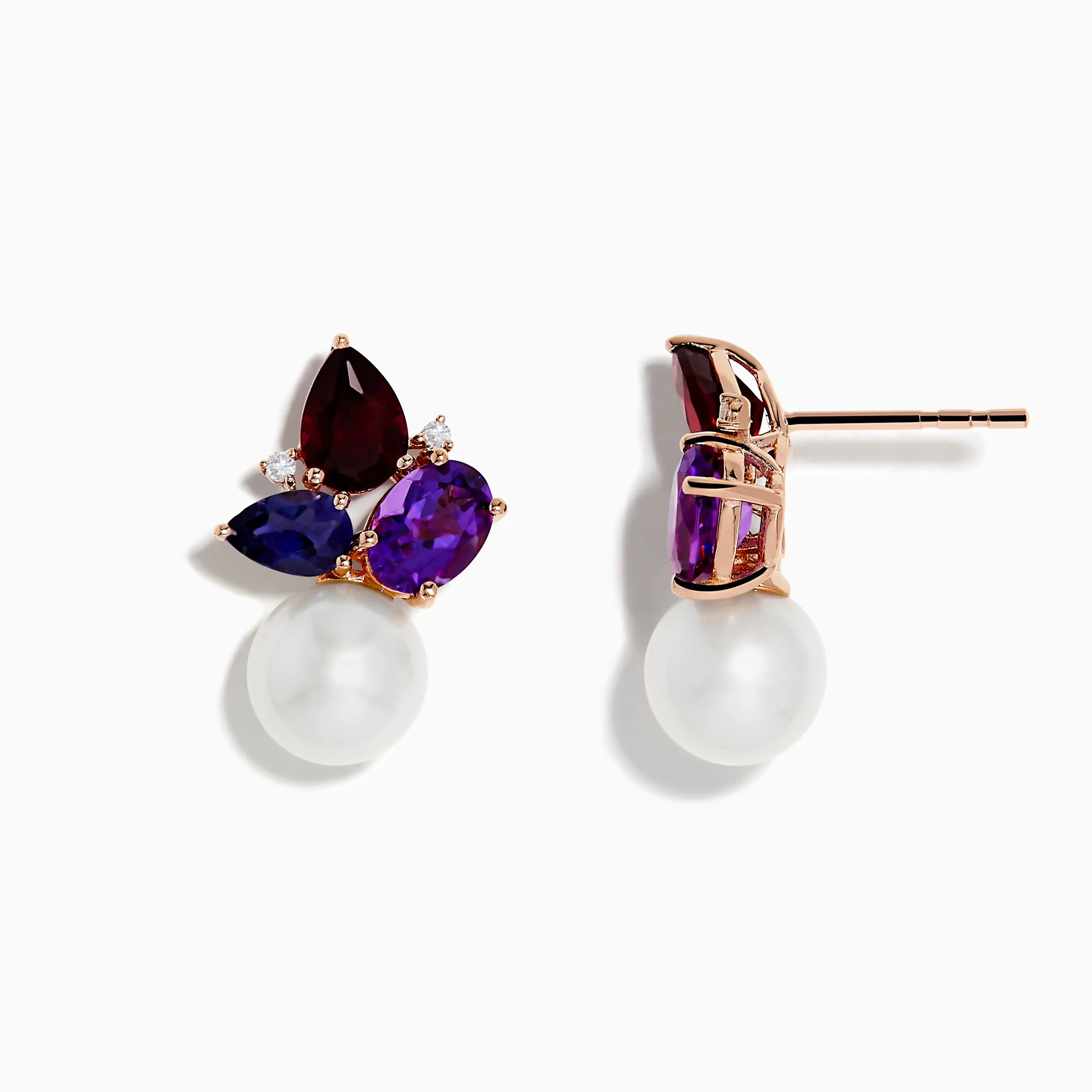 14K Rose Gold Multi Gemstone, Fresh Water Pearl and Diamond Earrings