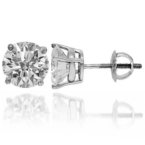 14K Solid White Gold Moissanite Solitaire Stud Earrings 3.00 Ctw