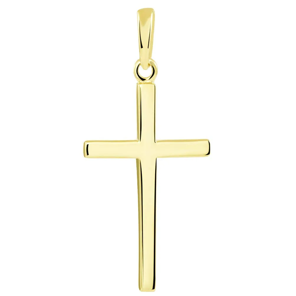 14k Solid Yellow Gold Classic Plain Religious Cross Pendant with Figaro Chain Necklace