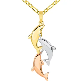 14k Tri Color Gold 3D Three Dangling Dolphins Jumping Vertical Pendant Figaro Chain Necklace