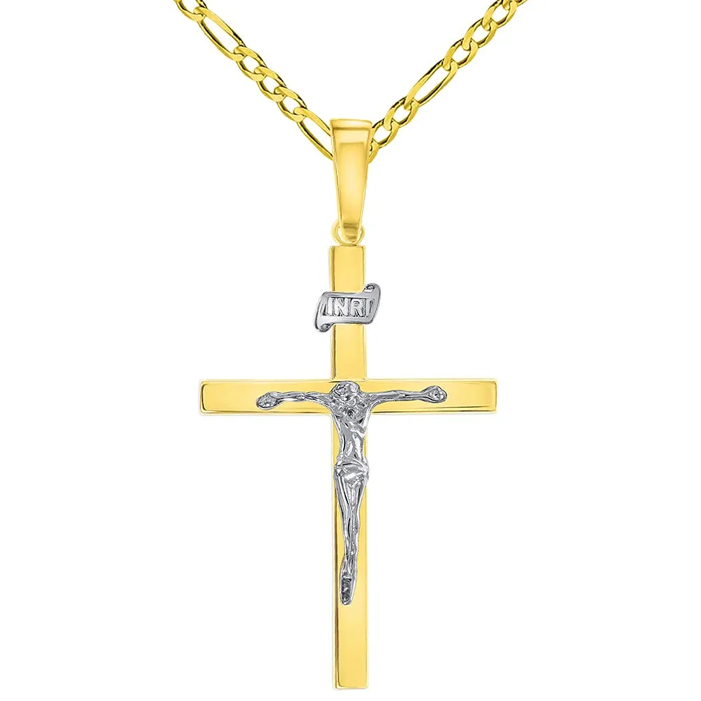 14k Two-Tone Gold 3D INRI Catholic Christian Crucifix Cross Pendant with Figaro Chain Necklace