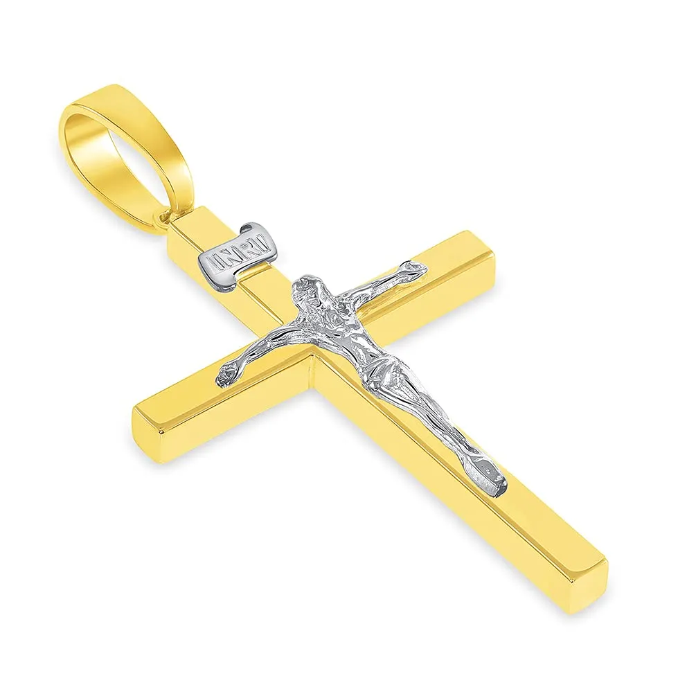 14k Two-Tone Gold 3D INRI Catholic Christian Crucifix Cross Pendant with Figaro Chain Necklace