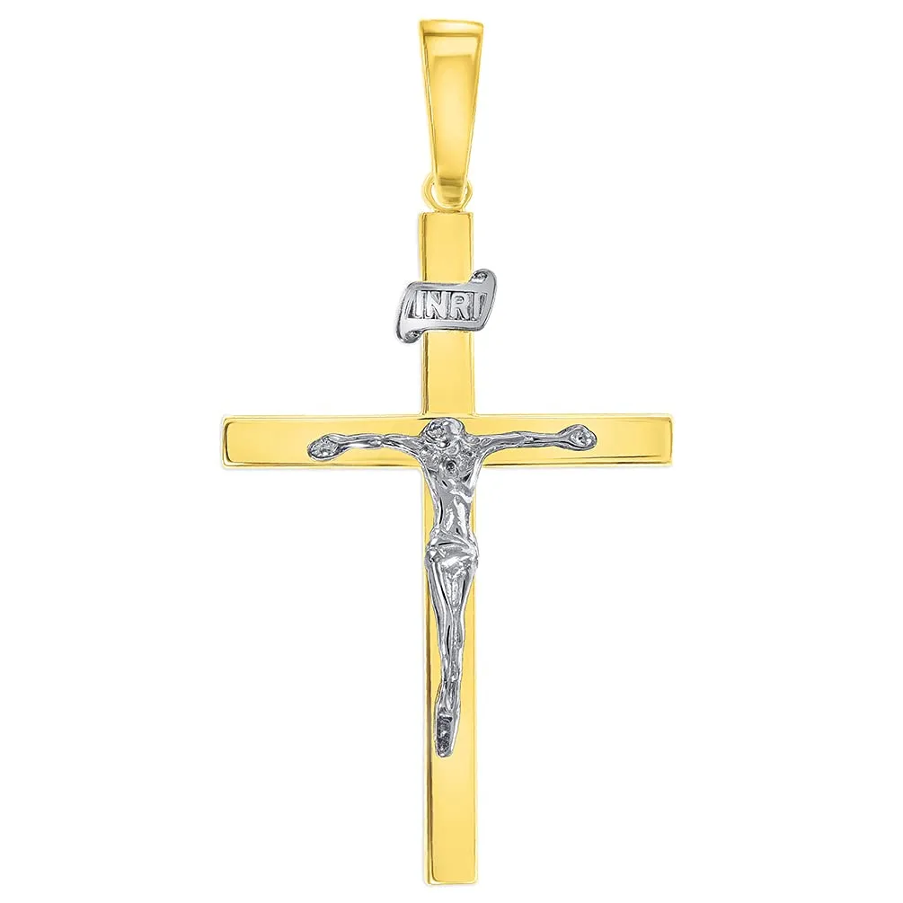 14k Two-Tone Gold 3D INRI Catholic Christian Crucifix Cross Pendant with Figaro Chain Necklace