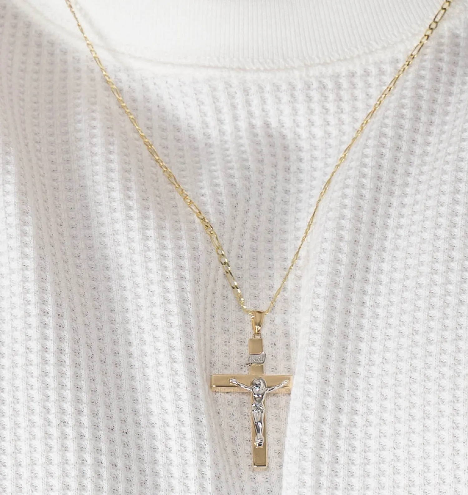 14k Two-Tone Gold 4mm Thick INRI Tubular Cross Roman Catholic Crucifix Pendant With Cable, Curb or Figaro Chain Necklace