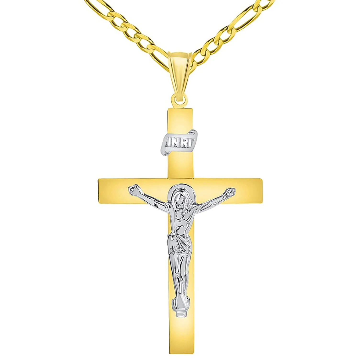 14k Two-Tone Gold 4mm Thick INRI Tubular Cross Roman Catholic Crucifix Pendant With Cable, Curb or Figaro Chain Necklace