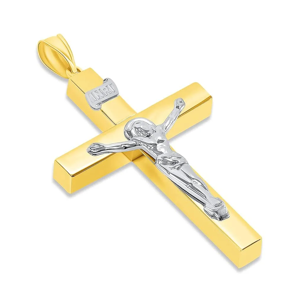 14k Two-Tone Gold 4mm Thick INRI Tubular Cross Roman Catholic Crucifix Pendant With Cable, Curb or Figaro Chain Necklace