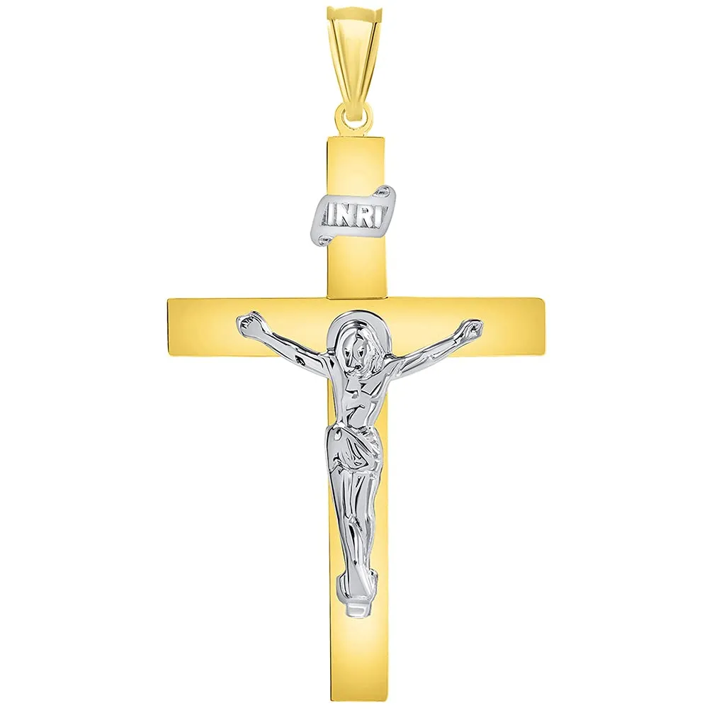 14k Two-Tone Gold 4mm Thick INRI Tubular Cross Roman Catholic Crucifix Pendant With Cable, Curb or Figaro Chain Necklace