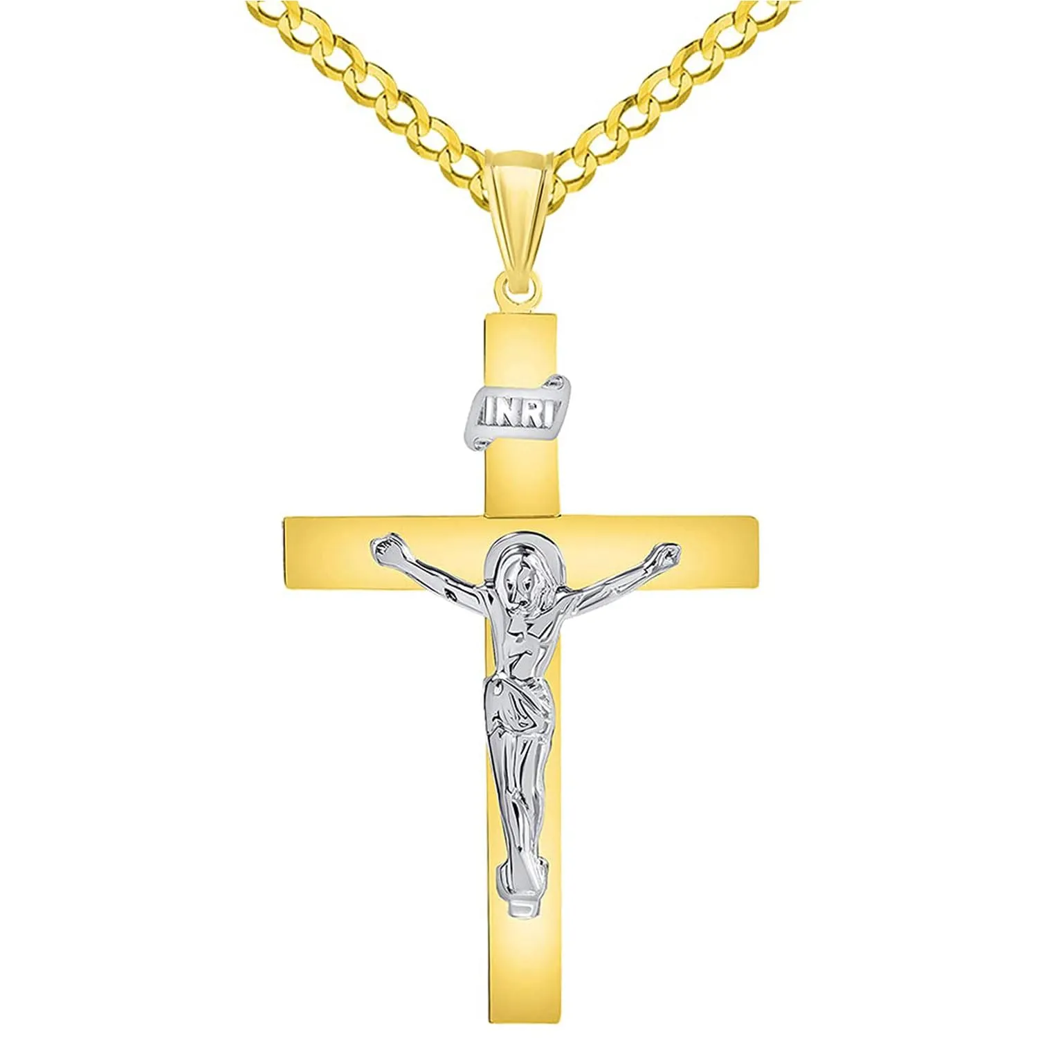 14k Two-Tone Gold 4mm Thick INRI Tubular Cross Roman Catholic Crucifix Pendant With Cable, Curb or Figaro Chain Necklace