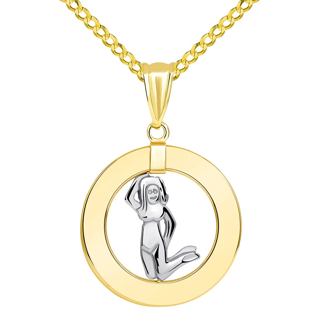 14k Two Tone Gold Open Circle Virgo Zodiac Sign Pendant Cuban Necklace