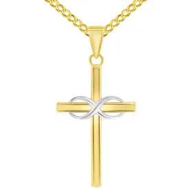 14k Two-Tone Gold Religious Plain Cross and Infinity Eternity Symbol Pendant Cuban Curb Chain Necklace