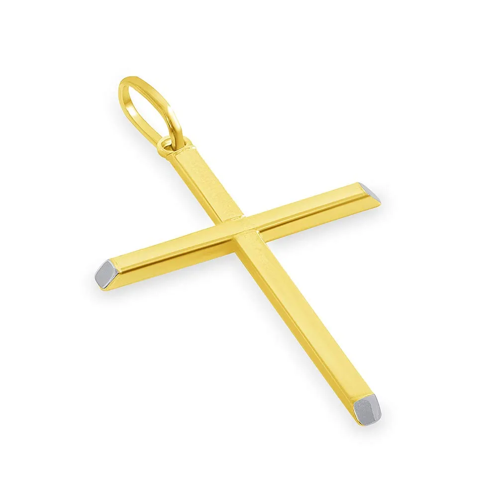 14k Two-Tone Gold Slender Slanted Edge Plain Religious Cross Pendant with Cuban Curb Chain Necklace