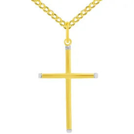 14k Two-Tone Gold Slender Slanted Edge Plain Religious Cross Pendant with Cuban Curb Chain Necklace