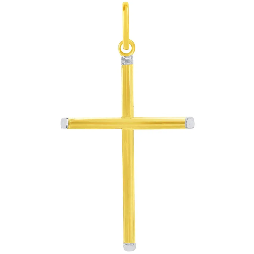 14k Two-Tone Gold Slender Slanted Edge Plain Religious Cross Pendant with Cuban Curb Chain Necklace