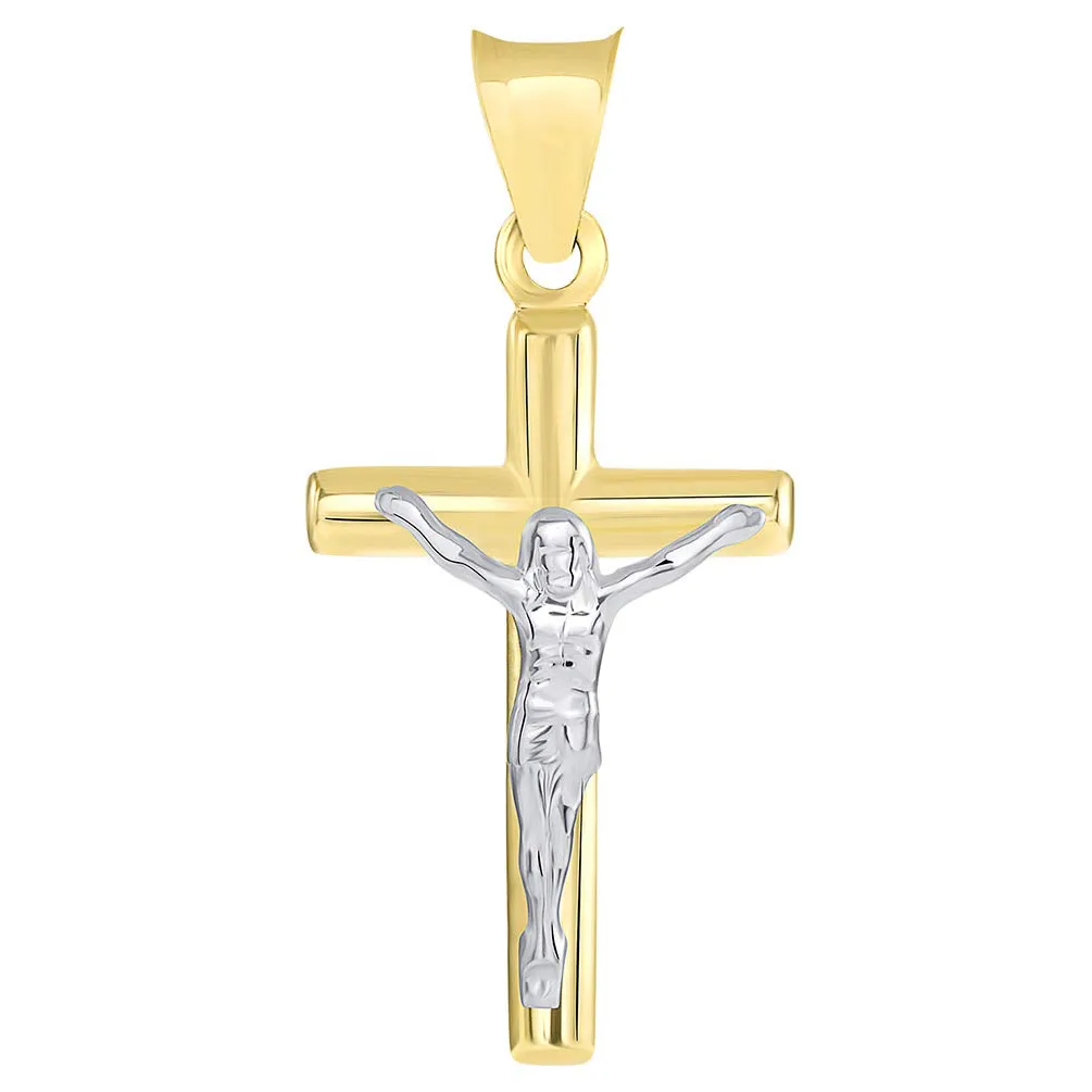 14k Two Tone Gold Small Latin Cross Crucifix Pendant Cuban Necklace