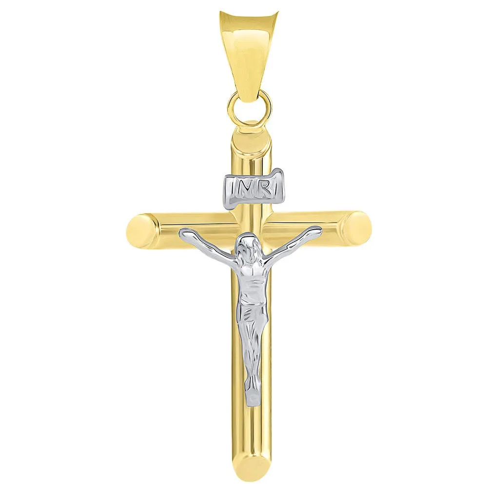 14k Two Tone Gold Tubular Cross INRI Crucifix Pendant with Figaro Necklace