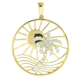 14K Two Tone Palm Tree Sunshine Pendant