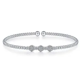 14K White Gold Bujukan Bead Cuff Bracelet with Cluster Diamond Hexagon Stations