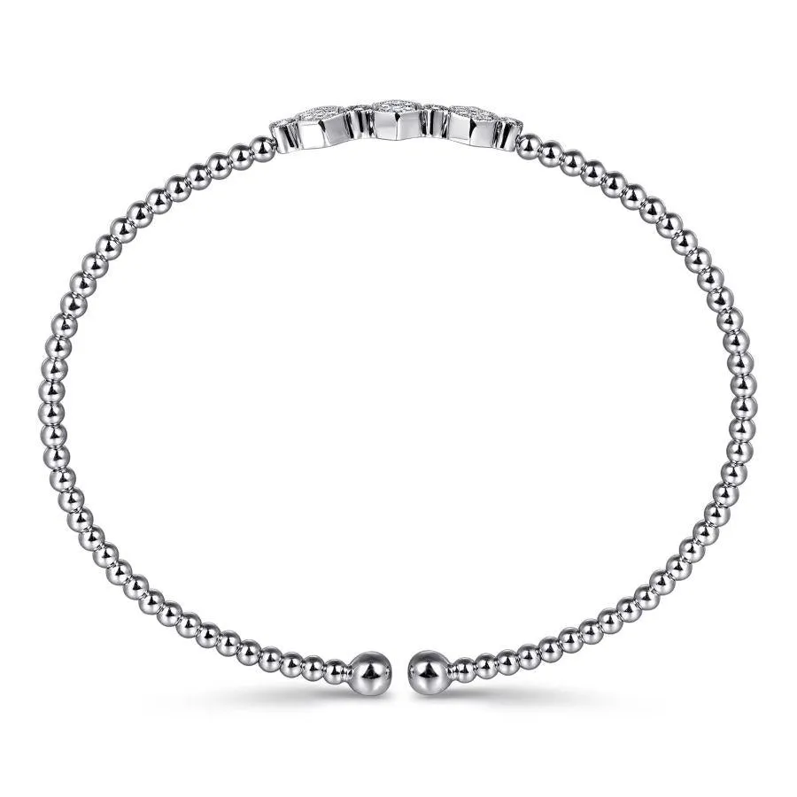 14K White Gold Bujukan Bead Cuff Bracelet with Cluster Diamond Hexagon Stations