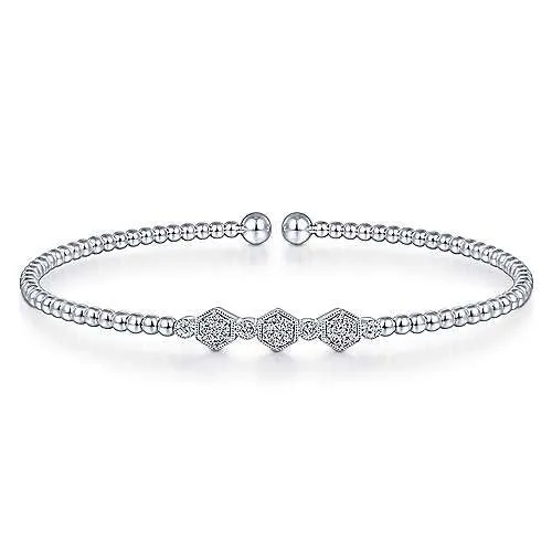 14K White Gold Bujukan Bead Cuff Bracelet with Cluster Diamond Hexagon Stations