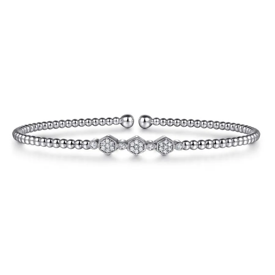 14K White Gold Bujukan Bead Cuff Bracelet with Cluster Diamond Hexagon Stations