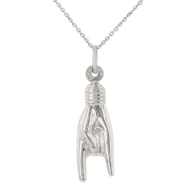 14K White Gold Hand Charm Mano Cornuto Good Luck Sign Pendant Necklace