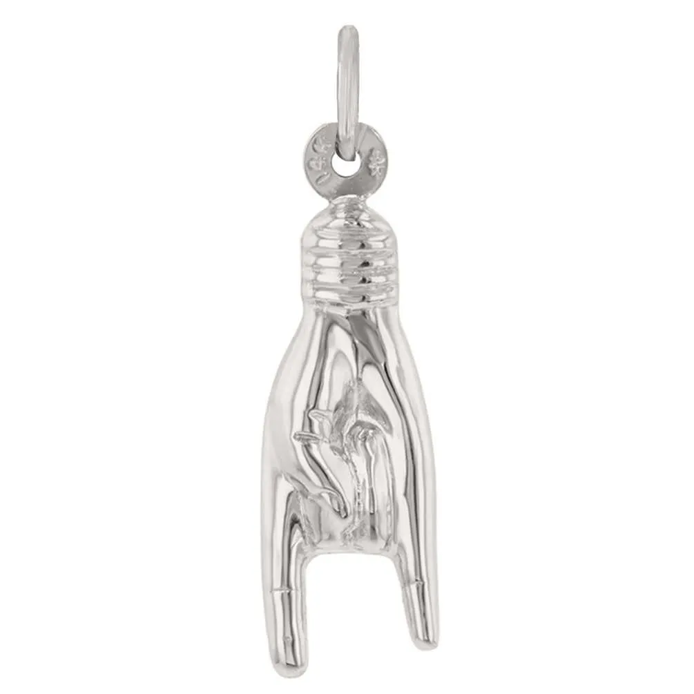 14K White Gold Hand Charm Mano Cornuto Good Luck Sign Pendant Necklace