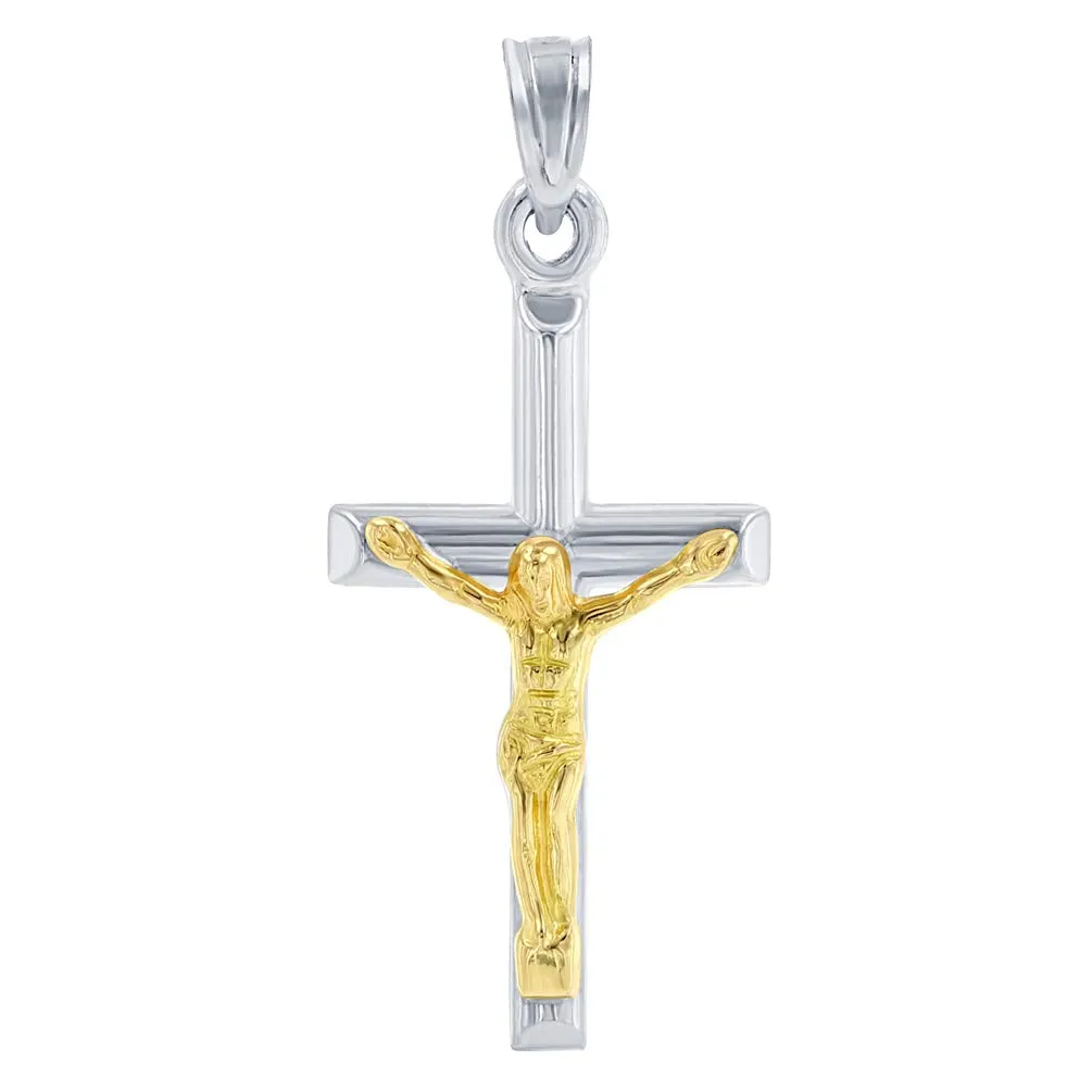 14k White Gold Religious Tube Cross Charm Two-Tone Jesus Crucifix Pendant Necklace