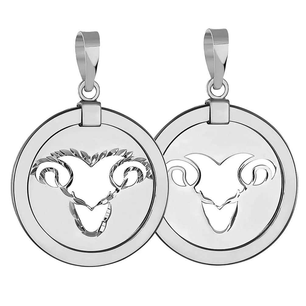 14k White Gold Round Aries Ram Zodiac Sign Animal Medallion Pendant (Reversible)