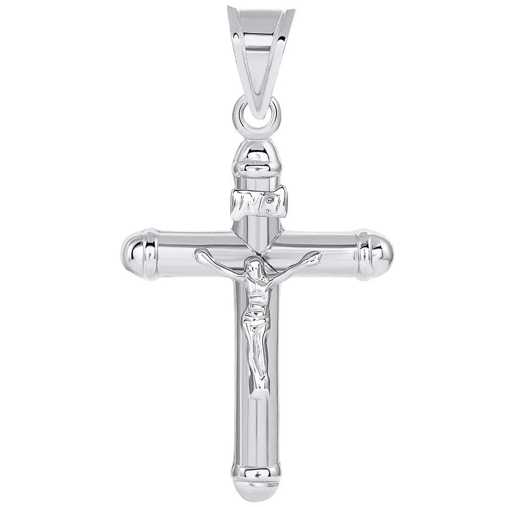 14k White Gold Rounded Edge Christian INRI Crucifix Tube Cross Pendant Necklace