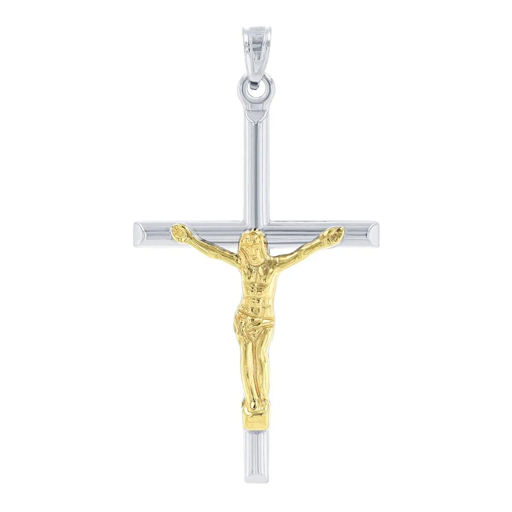 14k White Gold Two-Tone Tube Cross Charm with Jesus Crucifix Pendant Necklace