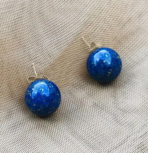 14k Yellow Gold Blue Lapiz Lazuli Round 10mm Stud Post Earrings