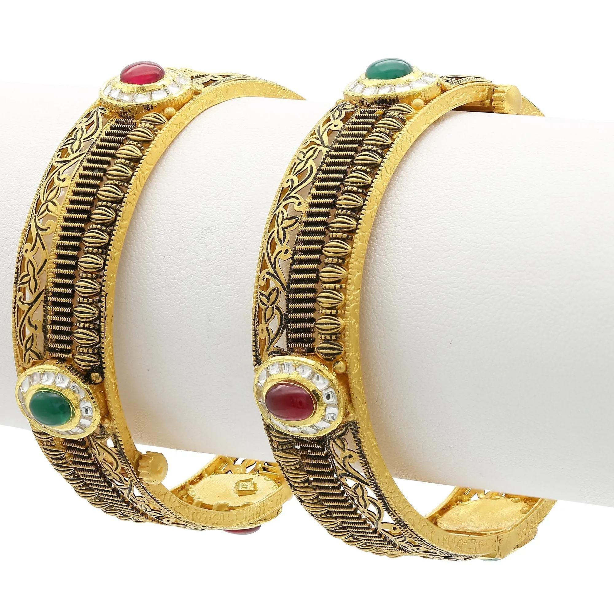 22K Antique Gold Kada Bangles, W/Ruby & Emerald, Set of 2