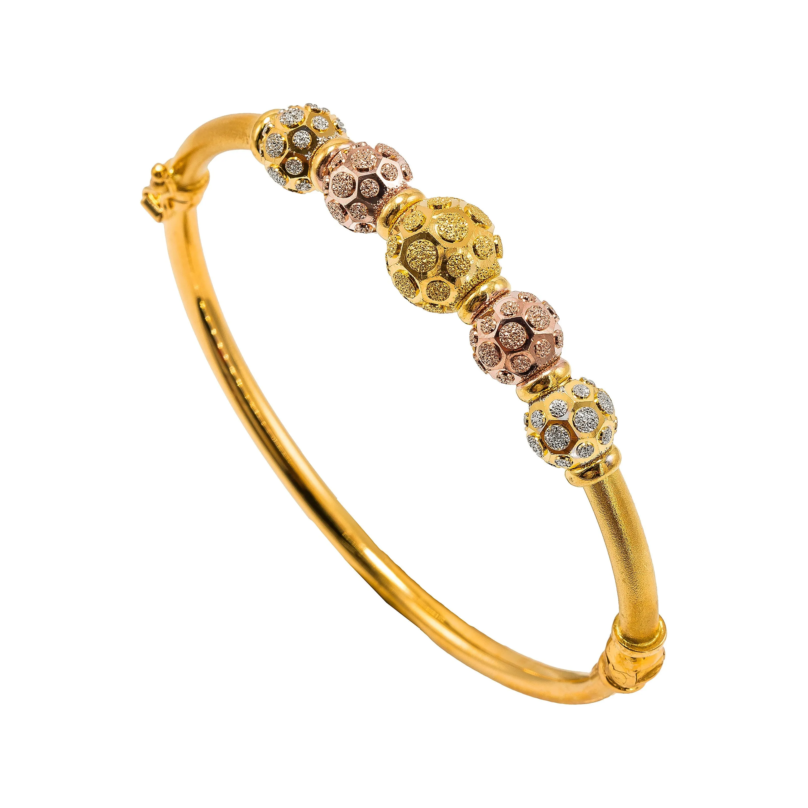 22K Multi Tone Gold Bangle W/ Rose, Yellow & White Gold Circular Glass Blast Details on 5 Accent Balls