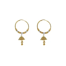 22K Multi Tone Gold Hoop Earrings W/ Hammered Gold Beads & Jhumki Drops