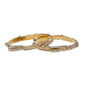 22K Multi Tone Gold Laser Bangles Set of 2 W/ Multi Layer Bands & Textured Gold Ball Beads