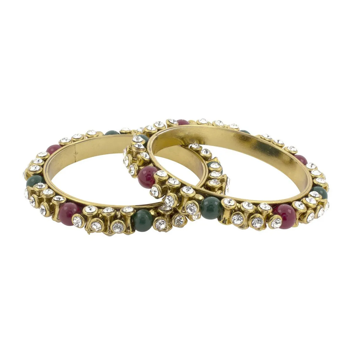 3D Antique Oxidized Gold Cz Kundan Red Green Kada Bangle Set 2 (Pair)