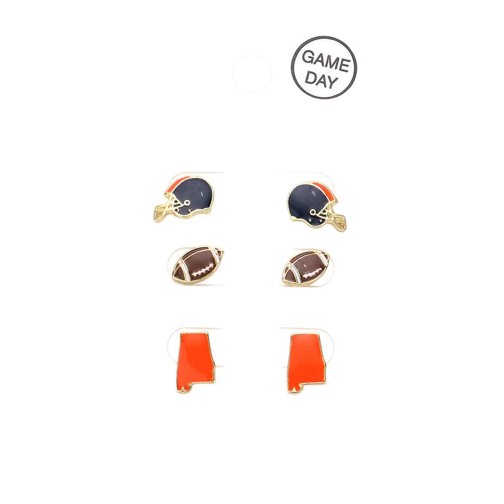 3Pairs Game Day Helmet Football Auburn State Map Earrings