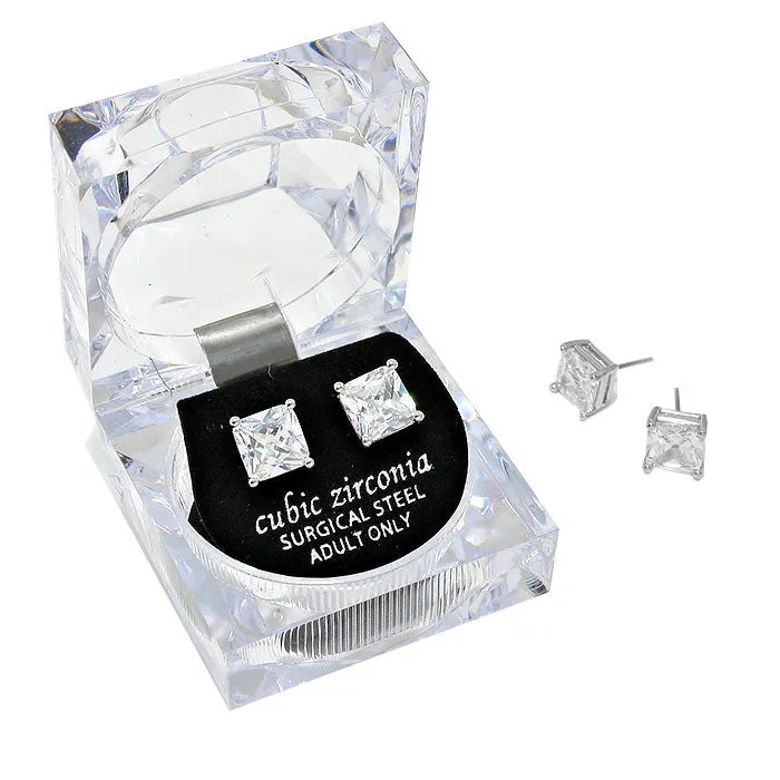 8mm Square Cut Crystal Cubic Zirconia CZ Earrings Clear Box