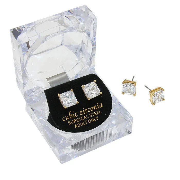 8mm Square Cut Crystal Cubic Zirconia CZ Earrings Clear Box