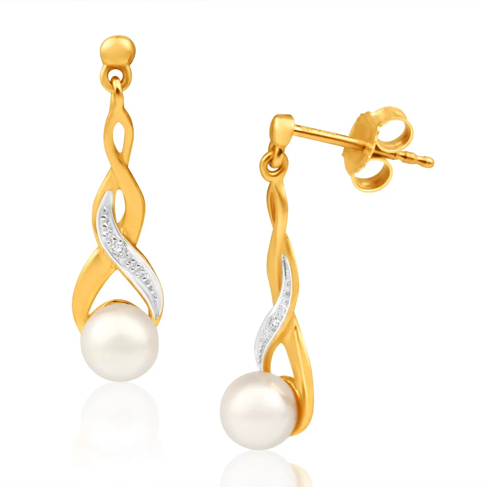 9ct Elegant Yellow Gold Diamond   Pearl Drop Earrings